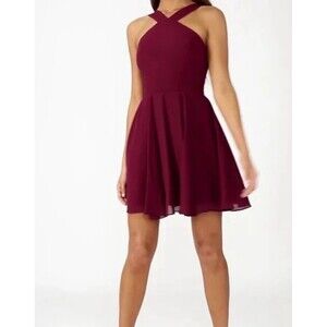 Lulus Small Forevermore Skater Dress Burgundy Halter Chiffon Overlay
